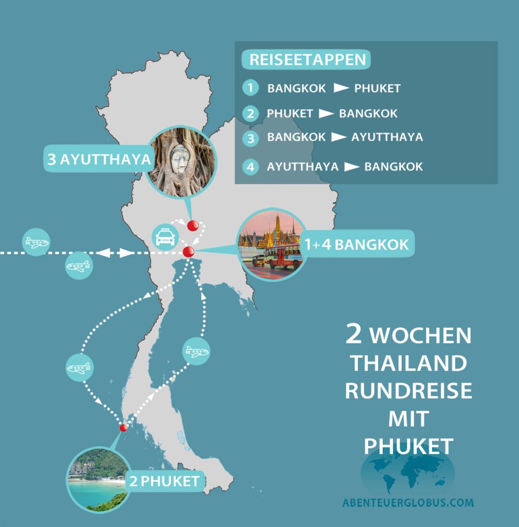 Thailand 2 Wochen Rundreise: Route von Bangkok nach Phuket