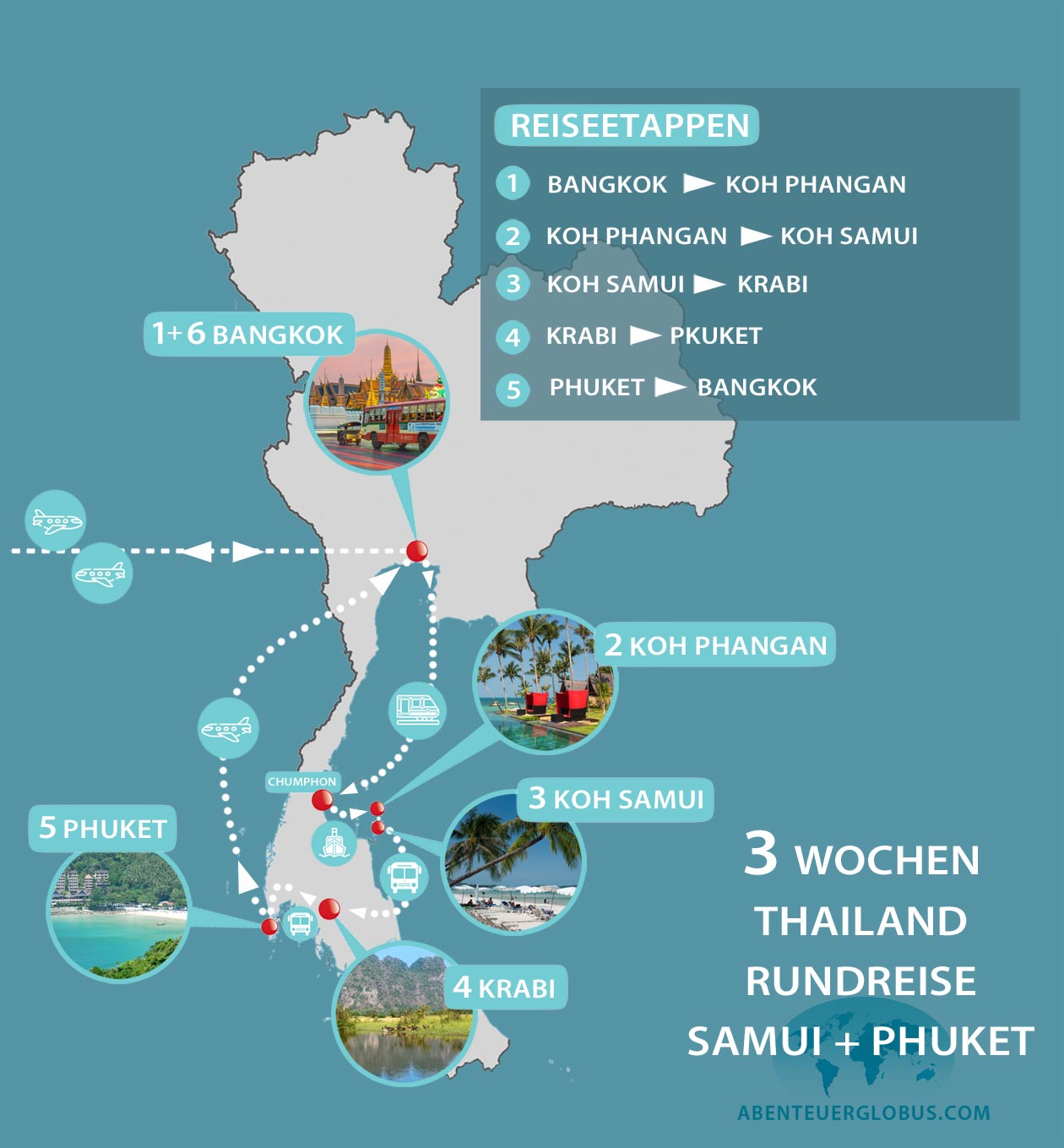 Karte Thailand 3 Wochen Route: Andamanensee und Golf von Thailand