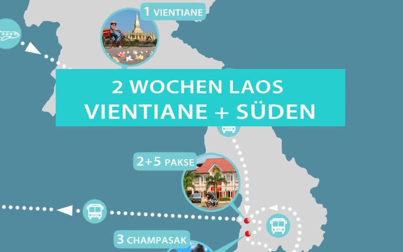 Laos 2 Wochen Rundreise: Karte mit Route von Vientiane bis Si Phan Don
