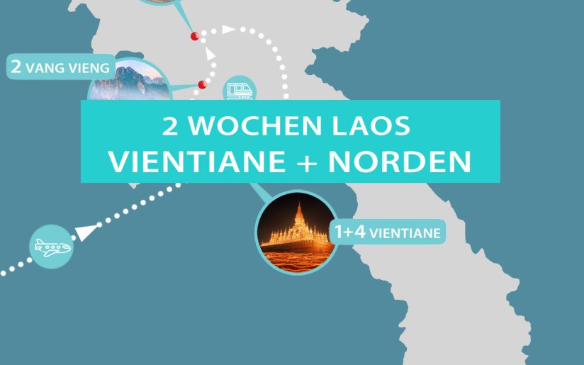 Laos 2 Wochen Rundreise: Karte mit Route von Vientiane bis Luang Prabang