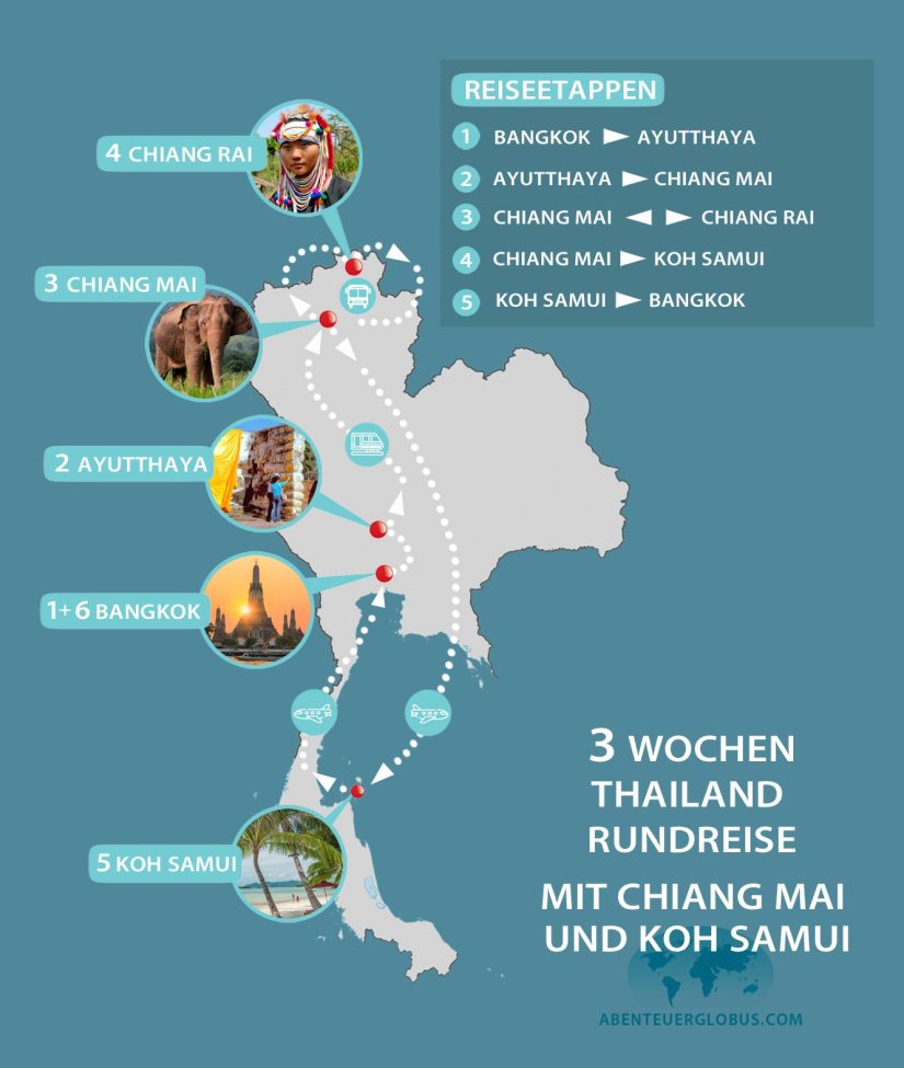 Karte: Thailand 3 Wochen Reiseroute von Bangkok über Chiang Mai nach Koh Samui