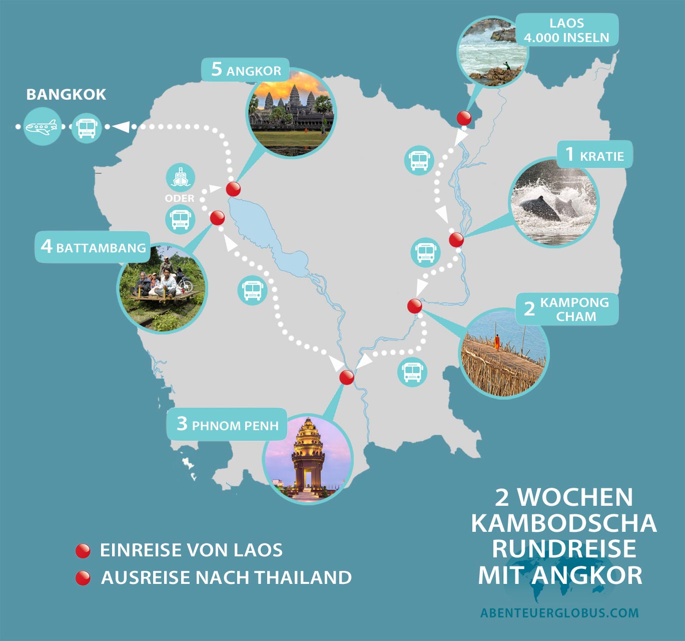 2 Wochen Kambodscha Rundreise: Karte mit Reiseroute und Tipps