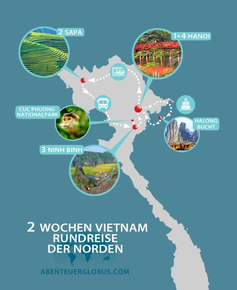 Vietnam 2 Wochen Rundreise im Norden auf eigene Faust, Karte mit Reiseroute
