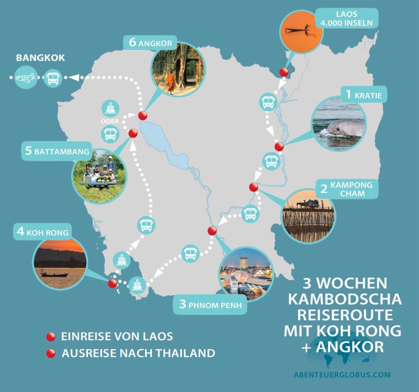 Laos Kambodscha 3 Wochen Rundreise und Reiseroute mit Karte