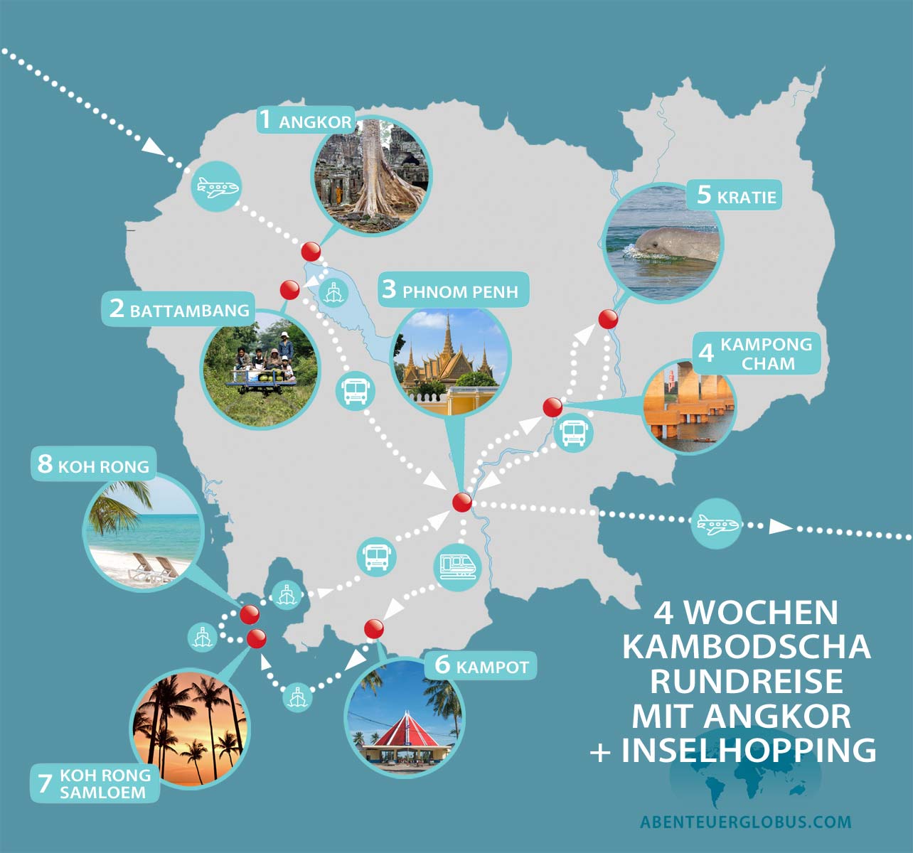 4 Wochen Kambodscha Rundreise: Karte mit Reiseroute und Tipps