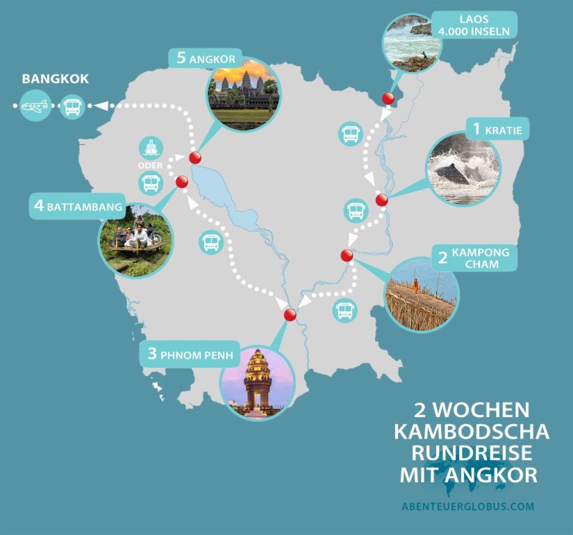 Laos Kambodscha 2 Wochen Rundreise und Reiseroute mit Karte
