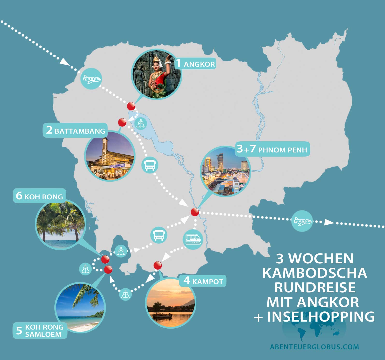 3 Wochen Kambodscha Rundreise: Karte mit Reiseroute und Tipps