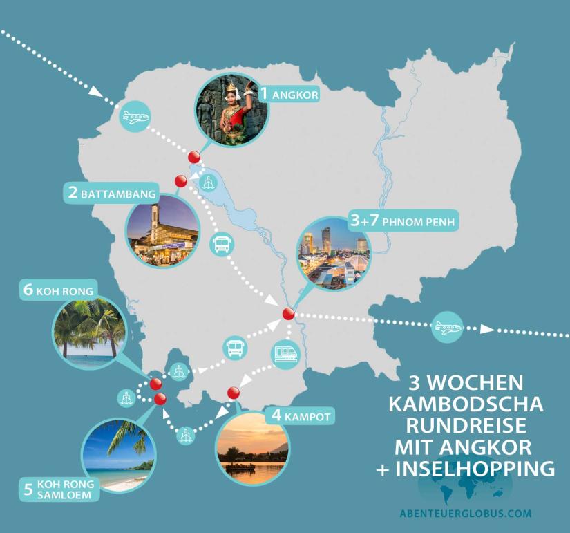 Karte mit Reiseroute: Kambodscha 3 Wochen Rundreise mit Angkor und Koh Rong