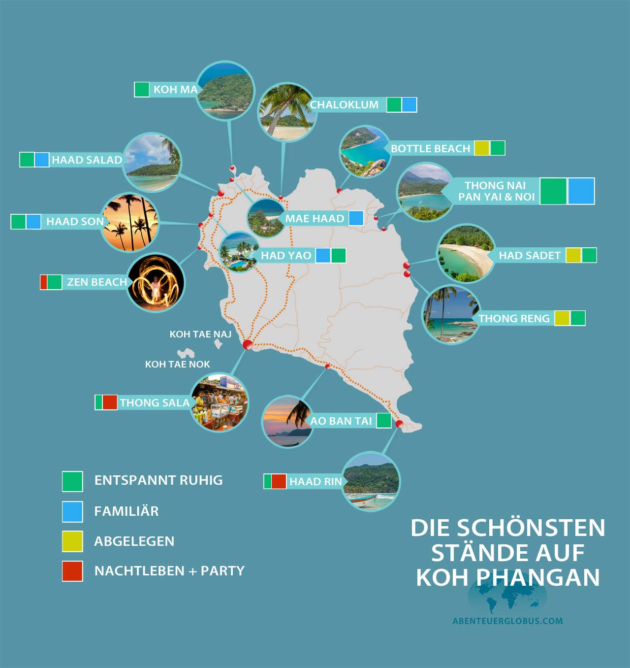 Koh Phangan: Karte mit den beliebtesten Stränden