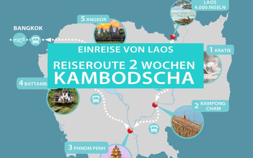 Laos Kambodscha 2 Wochen Reiseroute und Rundreise mit Karte