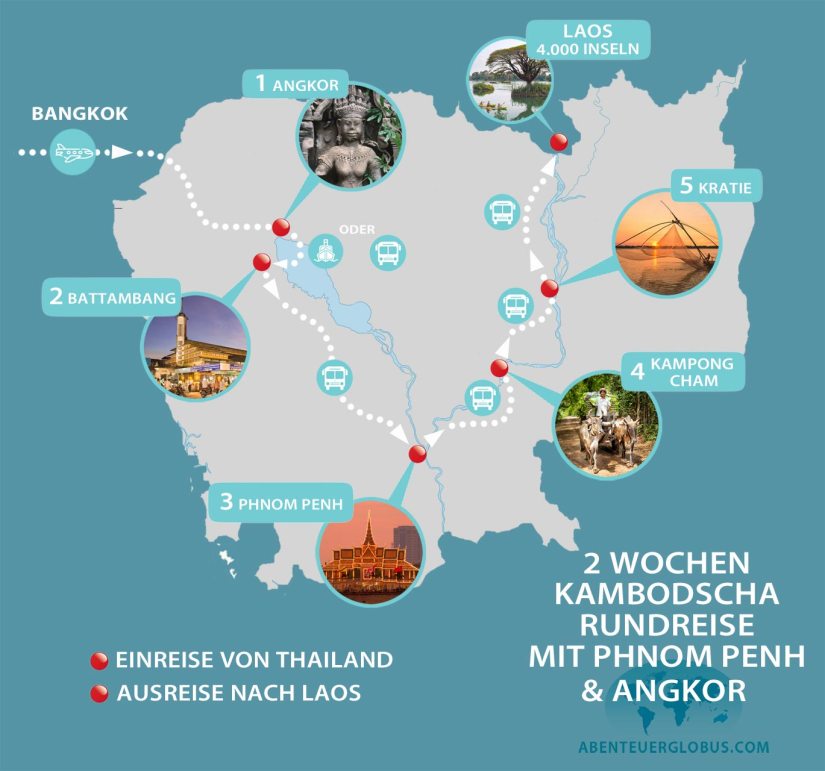 Kambodscha Reiseroute 2 Wochen mit der Einreise von Thailand