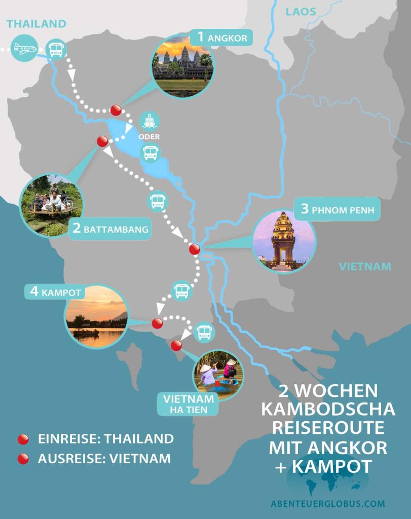 Kambodscha 2 Wochen Rundreise und Reiseroute mit Einreise von Thailand