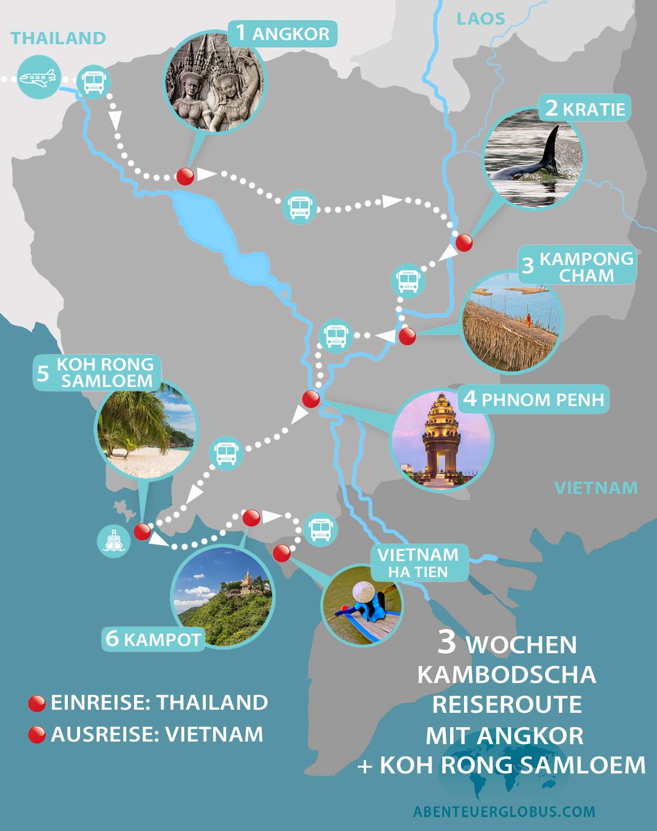 Thailand Kambodscha 3 Wochen Rundreise und Reiseroute mit Karte