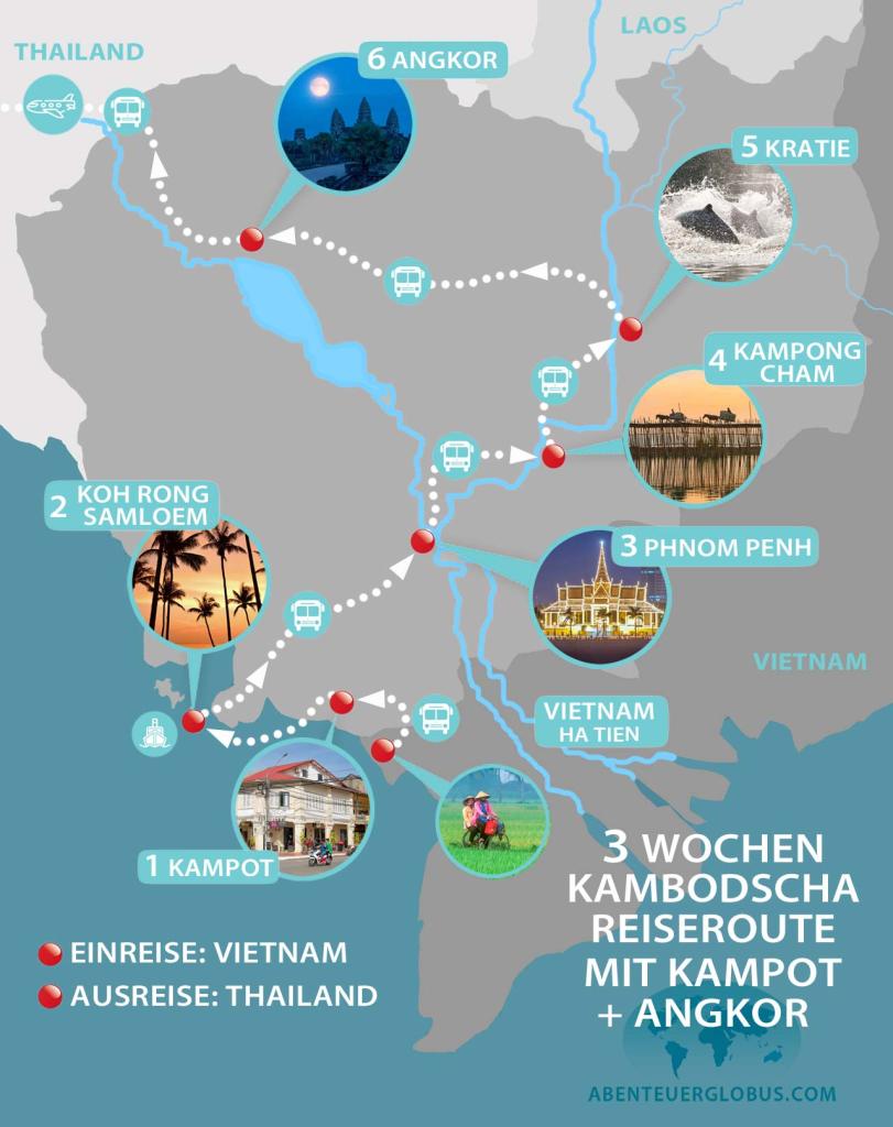Karte mit Route: Vietnam Kambodscha 3 Wochen Rundreise