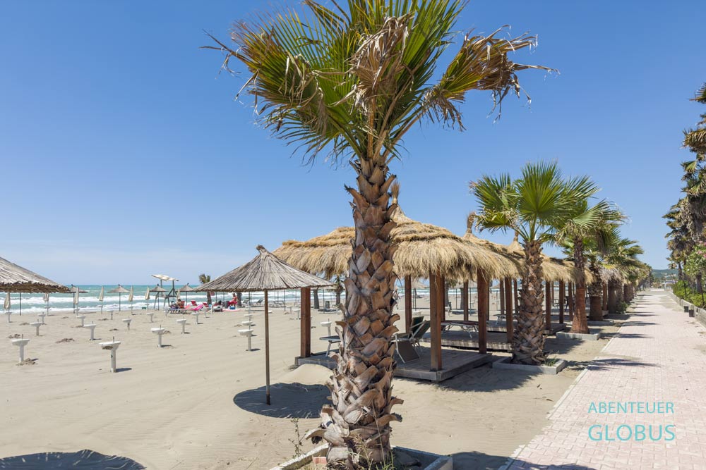Strandpromenade mit Palmen am Spille Beach bei Durres