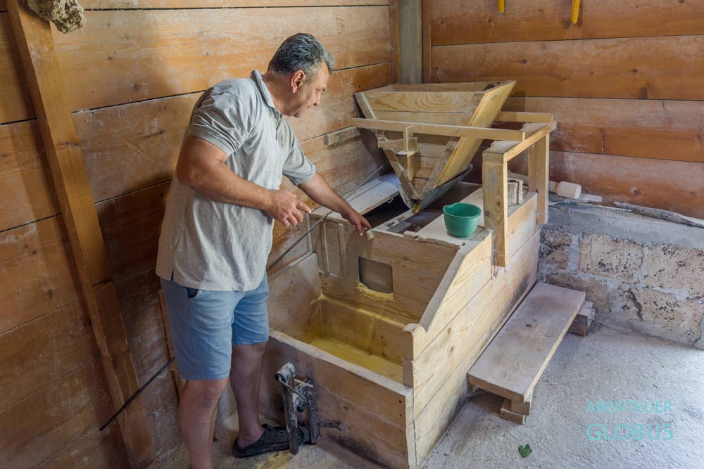 Herr Reljic führt mit der wasserbetriebenen Getreidemühle vor, wie das Mehl entsteht.