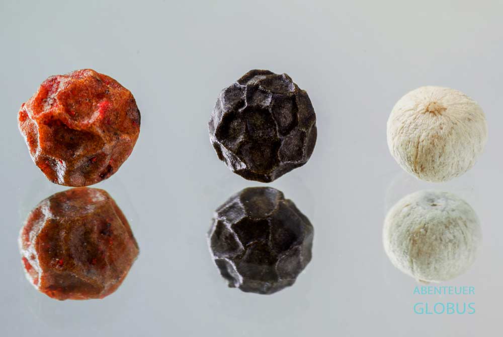 Nahaufnahme von Pfefferkörnern: Roter, schwarzer und weißer Pfeffer