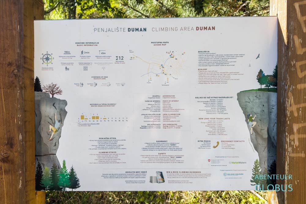 Aktivitäten in Livno: Klettern, Informationstafel für das Climbing Area Duman an den Karstklippen Crvenica nahe der Duman-Quelle