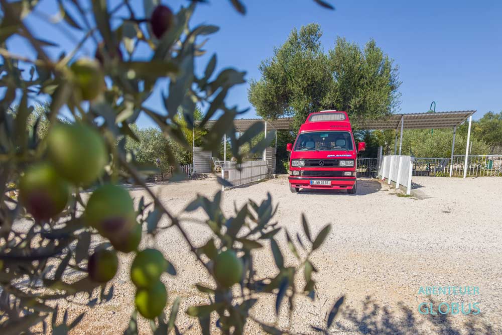 Roter Bulli VW T3 steht auf dem Campingplatz Camp San Antonio in Biograd na Moru.