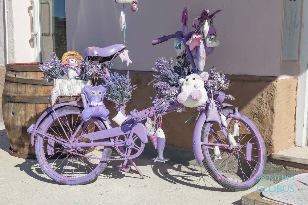 Mit Souvenirs bestücktes lilafarbenes Fahrrad vor dem Geschäft Lavanda in Biograd na Moru.