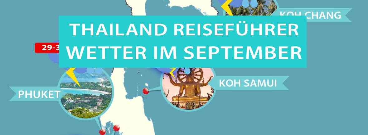 Infografik zum September-Wetter in Thailand mit Temperaturen, Niederschlag und empfohlenen Reisezielen