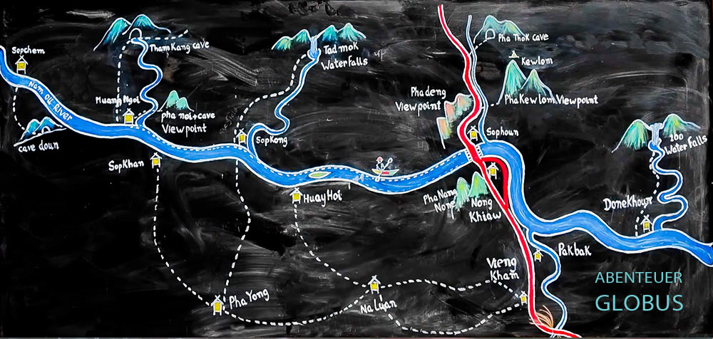 Gemalte Karte von Nong Khiaw mit Viewpoints, Wasserfällen und Höhlen.