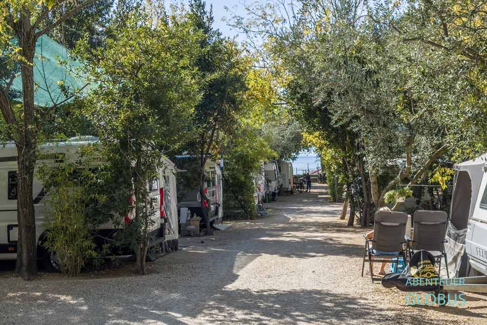 Parzellierte Stellplätze mit Bäumen und Kiesweg zum Strand auf dem Campingplatz Filip in Sveti Filip i Jakov, Kroatien.