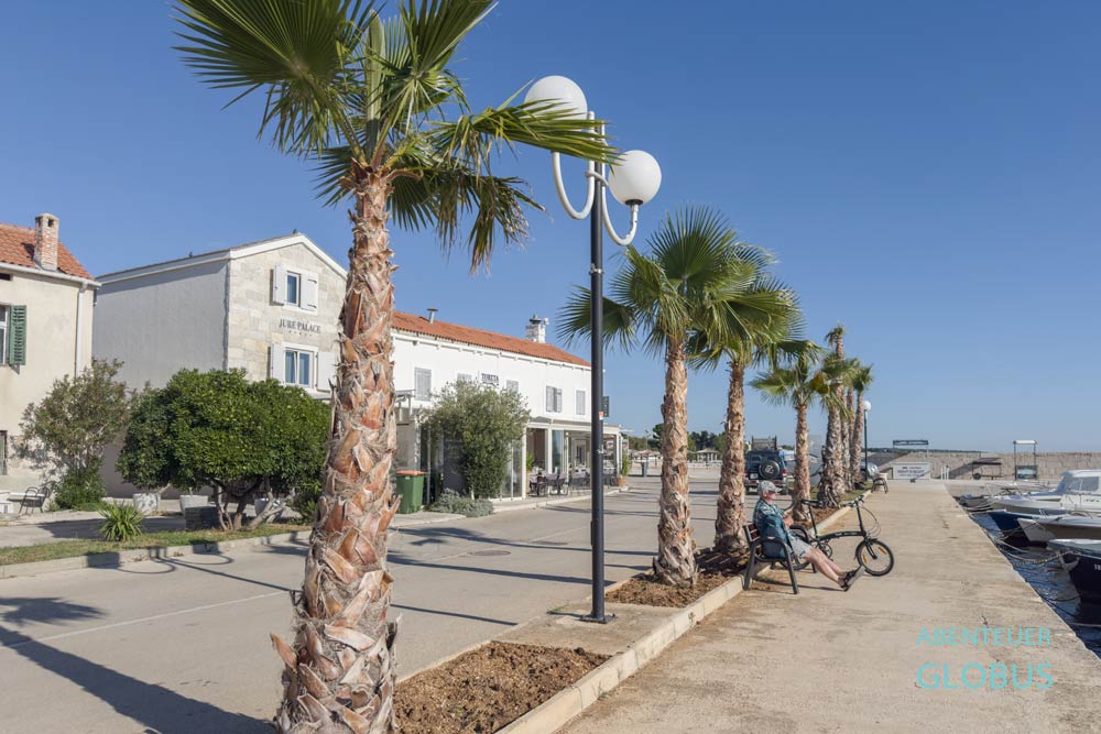 Urlauber auf einer Bank an der Uferpromenade mit Palmen in Turanj