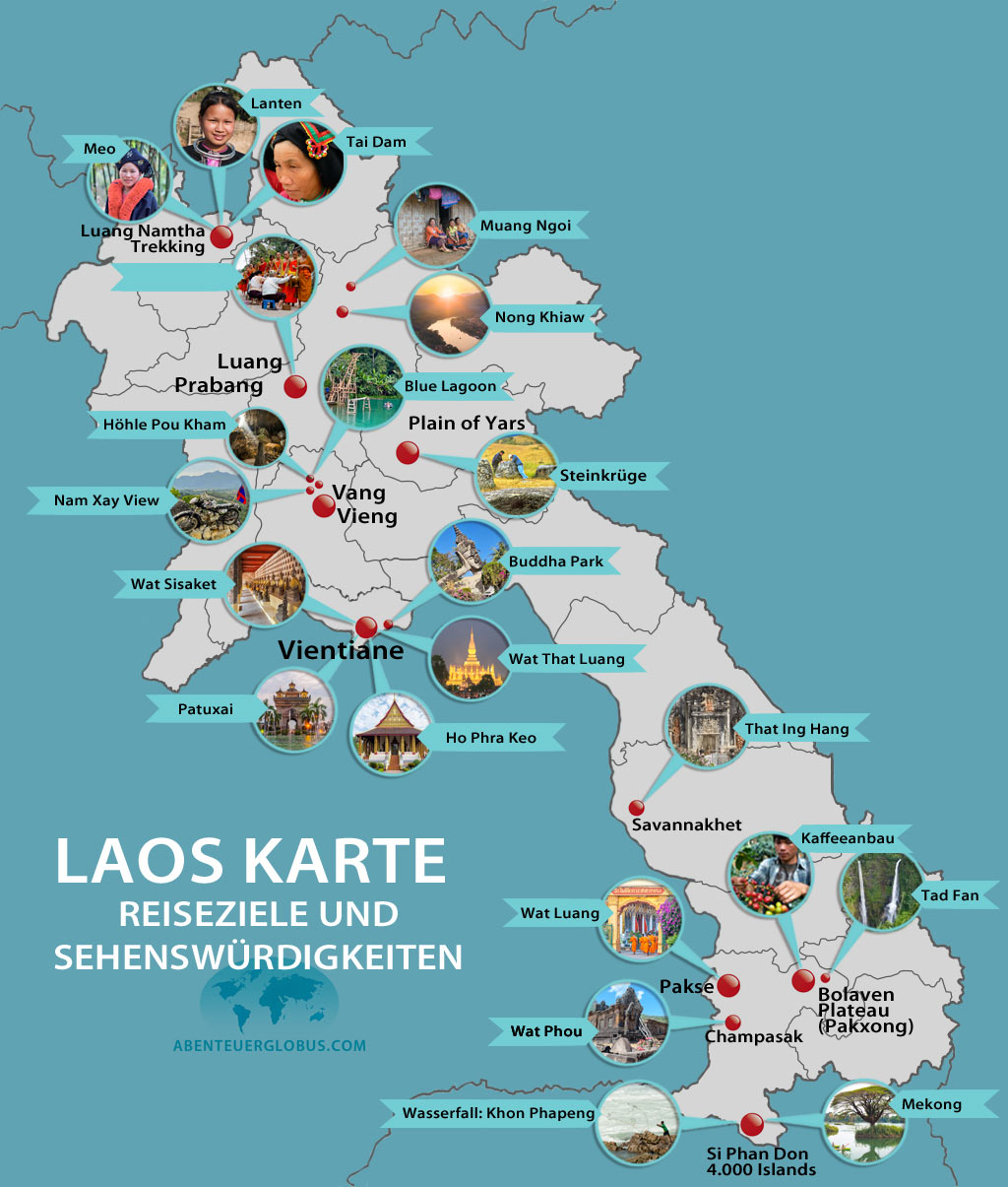 Laos Karte mit allen Highlights, sehenswürdigkeiten und Reisezielen