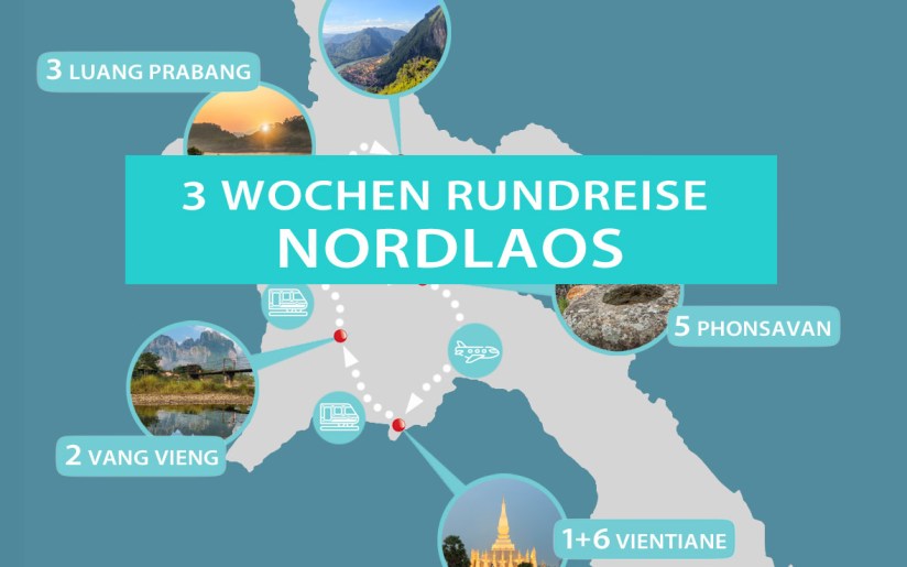 Karte mit Reiseroute und Tipps für eine dreiwöchige Rundreise durch Nordlaos