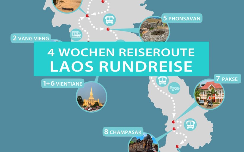 Detaillierte Karte mit Reiseroute und Reisezielen für eine vierwöchige Rundreise durch Laos von Nord- nach Südlaos