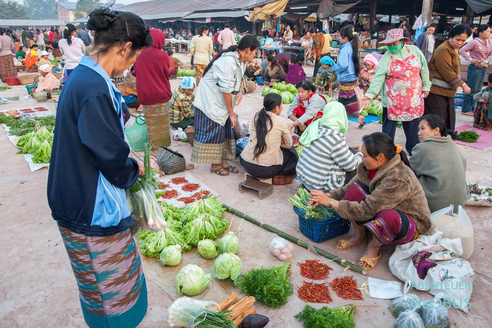 Sitzende Frauen an Marktständen mit Obst und Gemüse auf dem Morgenmarkt in Phonsavan