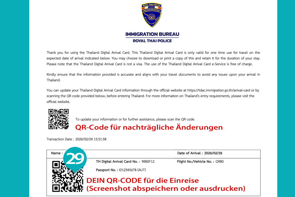 Blick auf die fertig erstellte Thailand Digital Arrival Card (TDAC) mit QR-Code für die Einreise nach Thailand