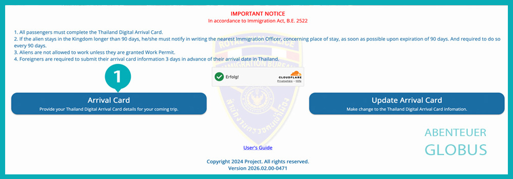 Screenshot der offiziellen Website zur Online-Beantragung der Thailand Digital Arrival Card (TDAC)