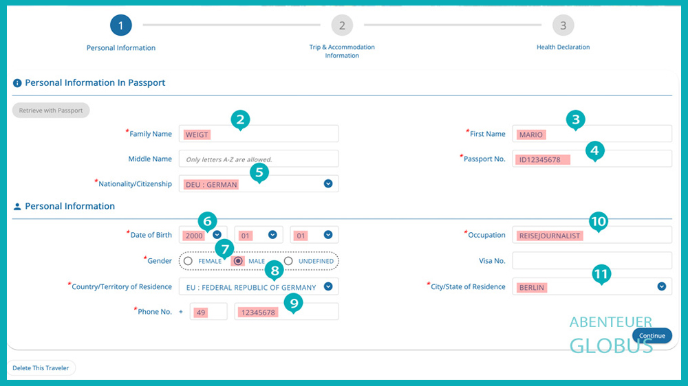 Online-Formular mit persönlichen Angaben zur Beantragung der Thailand Digital Arrival Card (TDAC) für die Einreise nach Thailand