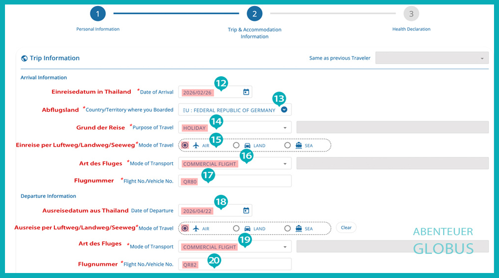 Eingabemaske im Formular für An- und Abreisedaten zur Beantragung der Thailand Digital Arrival Card (TDAC)