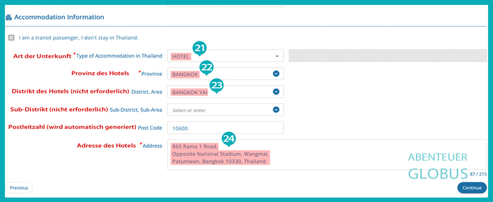 Eingabemaske mit Hotelangaben bei der Online-Beantragung der Thailand Digital Arrival Card (TDAC) für die Einreise nach Thailand.