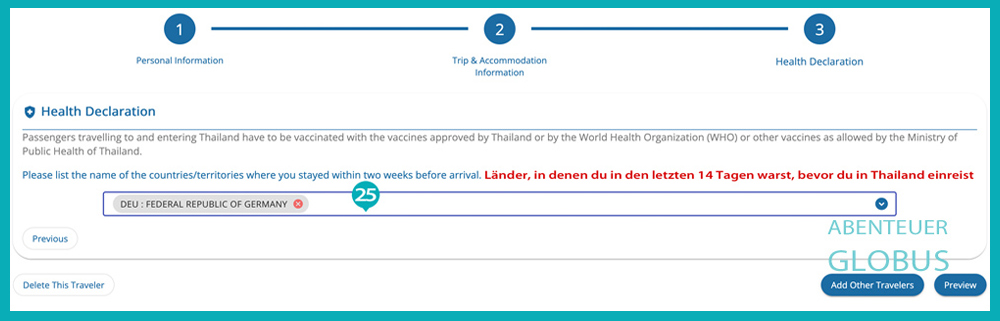 Eingabemaske zur Beantragung der Thailand Digital Arrival Card (TDAC) für die Einreise nach Thailand