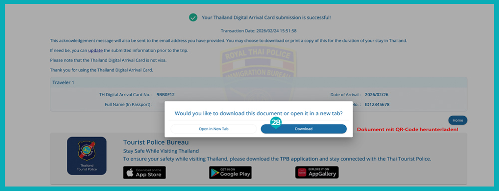 Screenshot des Antragsformulars mit Aufforderung zum Download der Thailand Digital Arrival Card (TDAC) für die Einreise nach Thailand