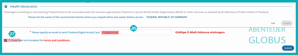 Formularfeld zur Eingabe der E-Mail-Adresse bei der Thailand Digital Arrival Card (TDAC)