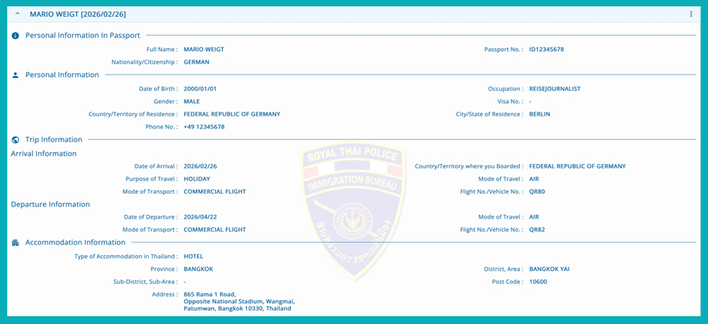 Zusammenfassung der eingegebenen Daten im Formular der Thailand Digital Arrival Card (TDAC)