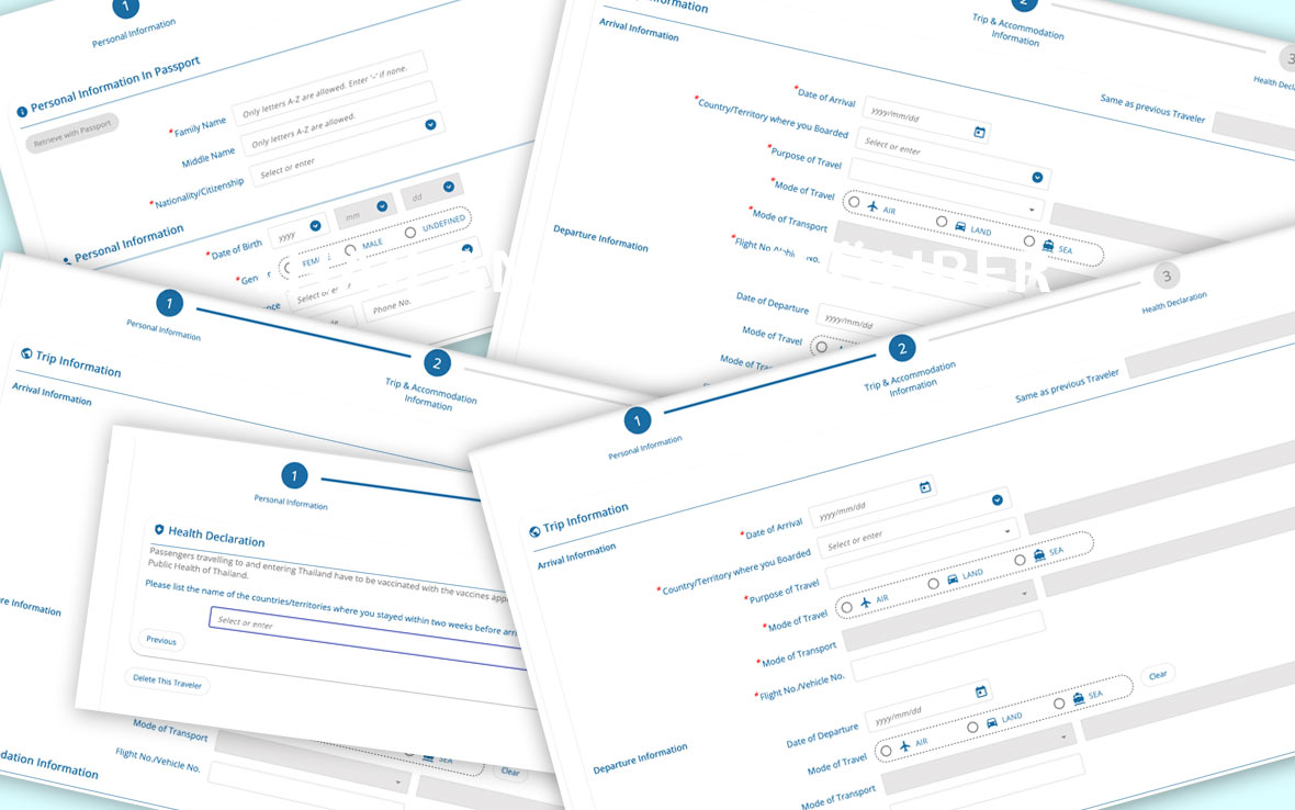 Übersicht einzelner Seiten der Thailand Digital Arrival Card (TDAC) für die Online-Einreise nach Thailand.