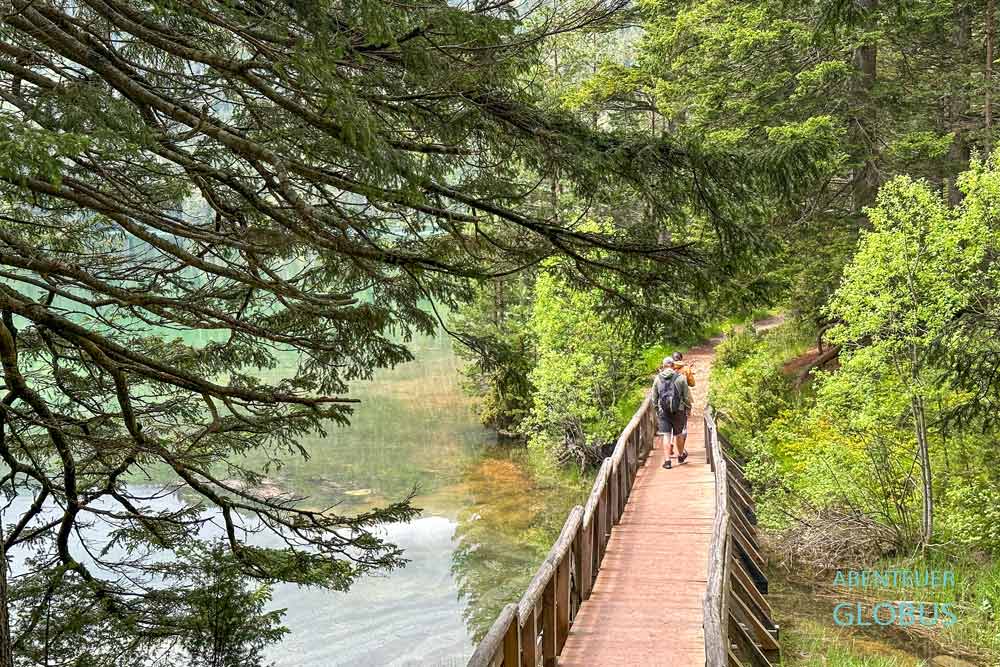 Zwei Wanderer auf einer Holzbrücke am Schwarzen See (Crno Jezero) bei Zabljak
