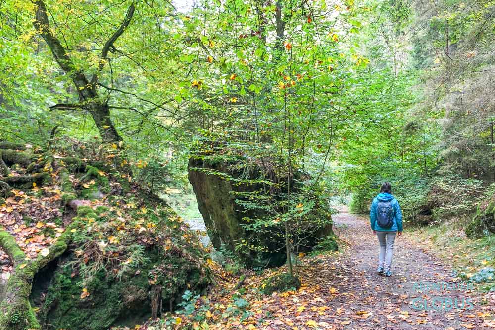 Wanderin im Polenztal bei Hohnstein, Nationalpark Sächsische Schweiz