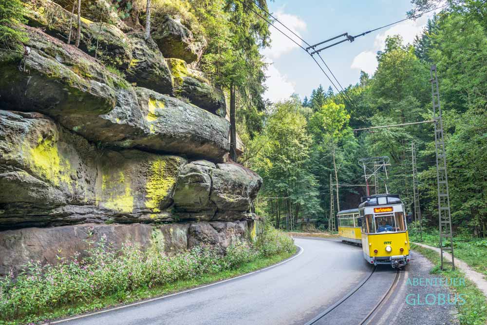 Kirnitzschtalbahn im Kirnitzschtal bei Bad Schandau im Nationalpark Sächsische Schweiz