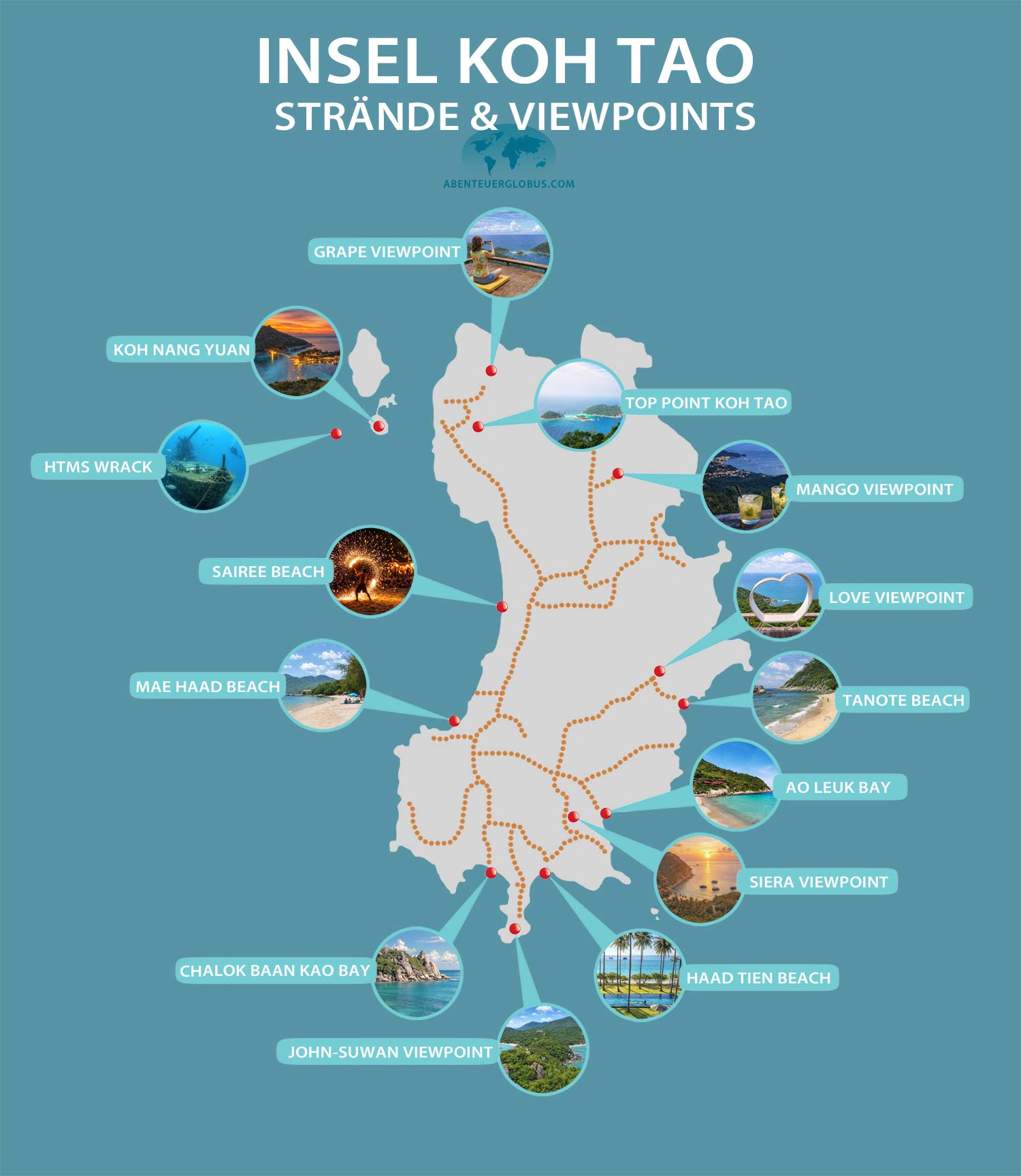 Koh Tao Karte mit Stränden und Viewpoints – Übersicht der besten Strände, Buchten und Aussichtspunkte