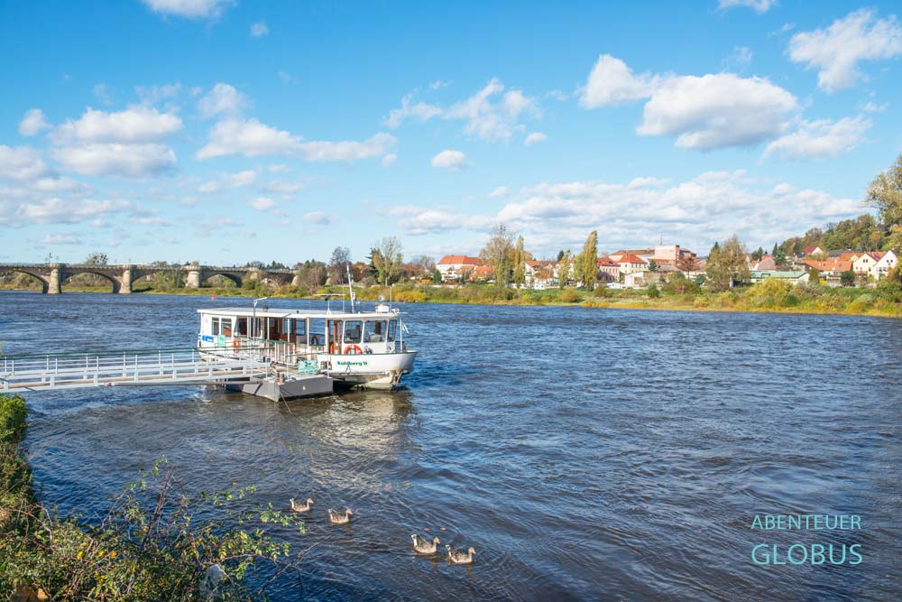 Am Anleger die Personenfähre Pirna - Copitz, dahinter die Elbbrücke