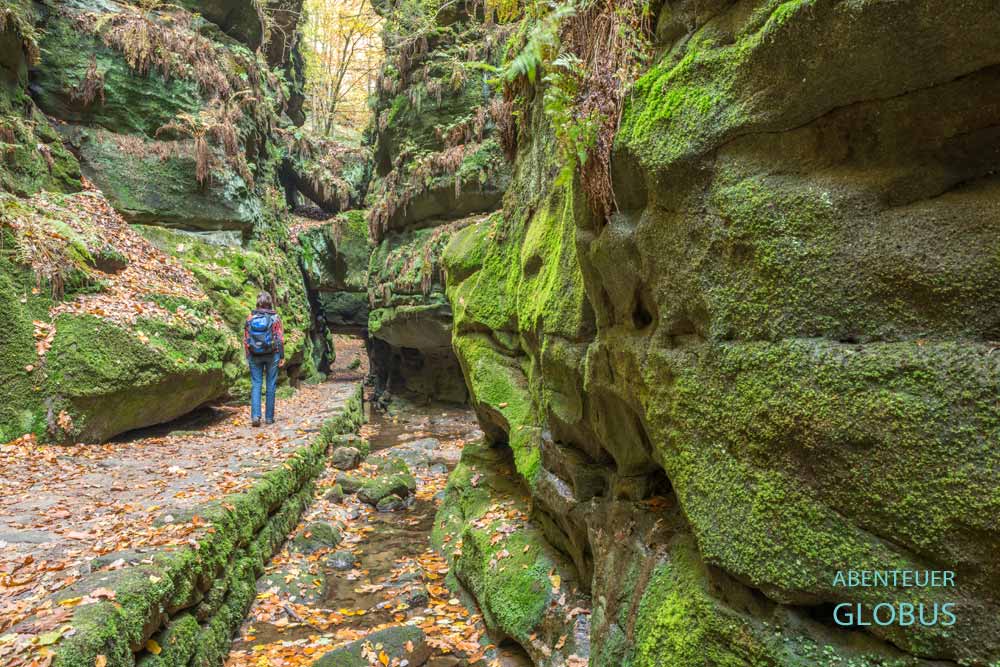 Wanderin vor dem Uttewalder Felsentor im Uttewalder Grund bei Wehlen, Elbsandsteingebirge