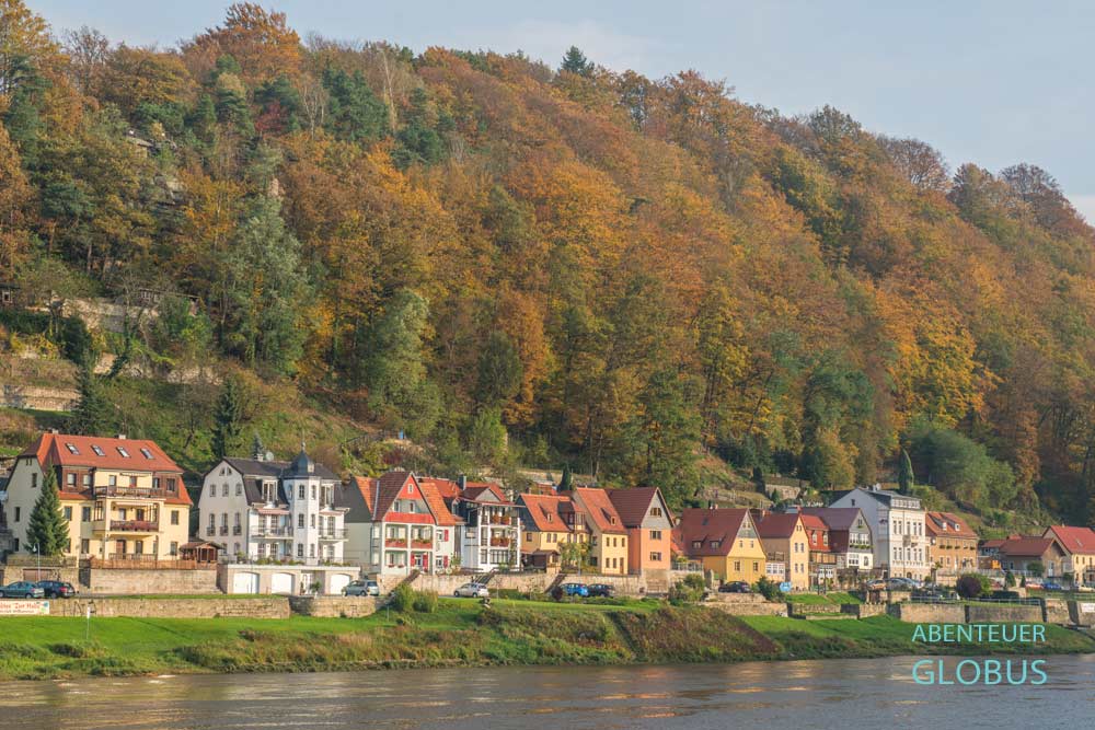 Herbstliche Stadtansicht von Stadt Wehlen an der Elbe in der Sächsische Schweiz.“