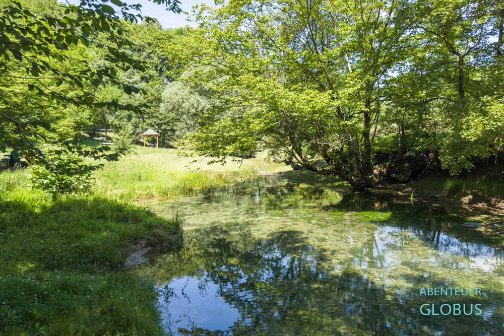 Drei Quellen vereinen sich hier zum Bach Krupa. Picknickplatz im Hintergrund in Krupa na Vrbasu